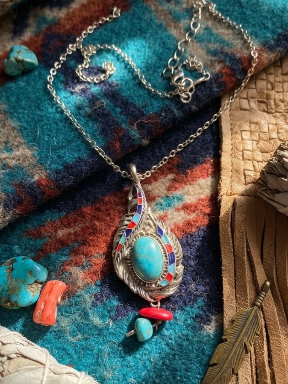 Silver Turquoise Pendant Necklace w/Red & Blue Accents, Boho, Feather, Native